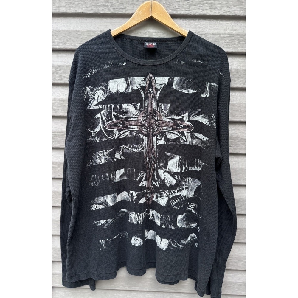 VINTAGE MMA Elite Shirt Mens 2XL  Black Thermal Waffle Knit Cross Y2K Logo